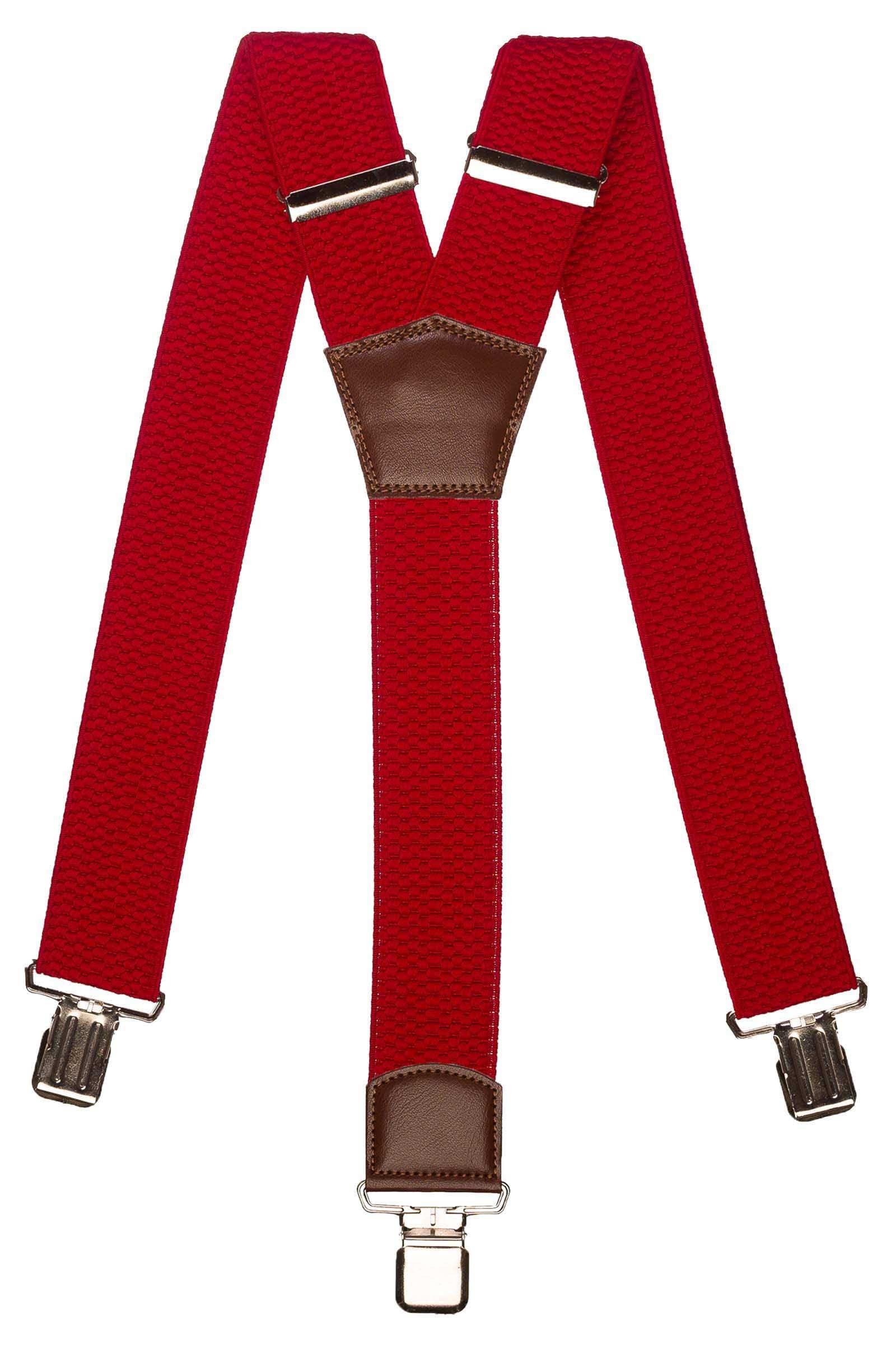 Olata Men's Extra Wide Heavy Duty Y-Shape Braces/Suspenders with Brown Leather - 5cm. Red