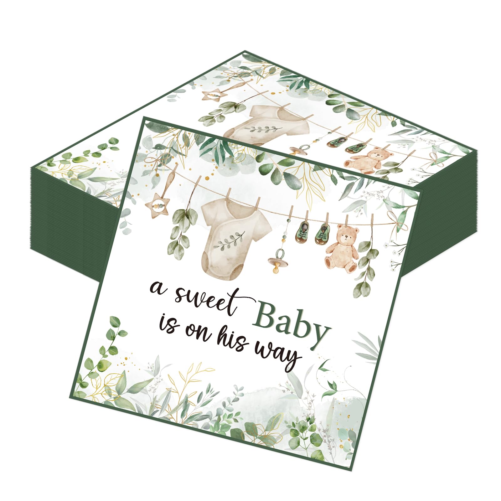Luvart Greenery Baby Shower Decorations Neutral, 50PCS Sage Green Baby Shower Napkins, A Sweet Baby is on His Way Gender Reveal Serviettes Table Decor Supplies