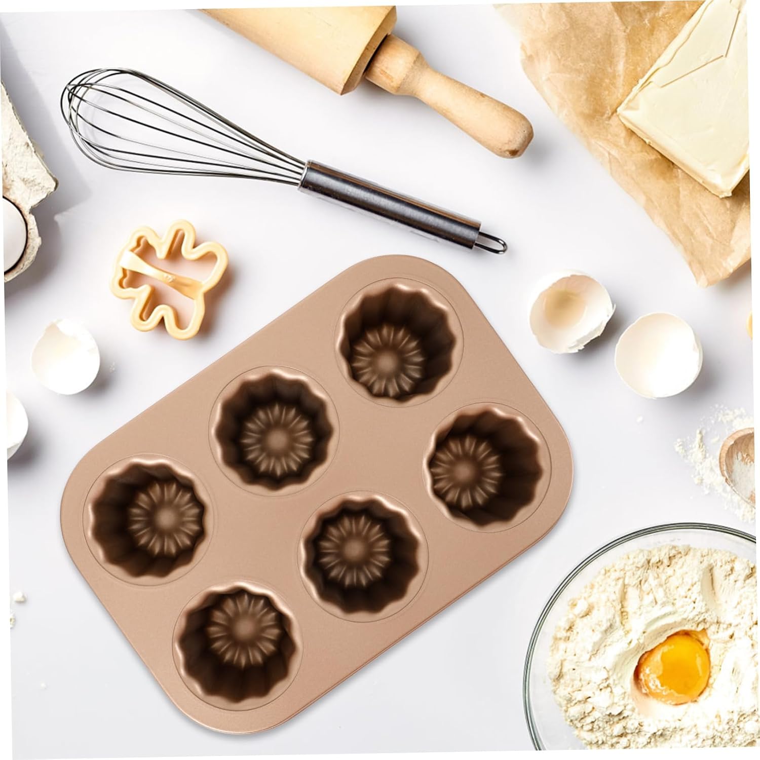 Ciieeo 6-Cup Cake Mold Set Non-Stick Carbon Steel Baking Tray for Angel Food Cakes Gold Finish for Birthday and Holiday Baking