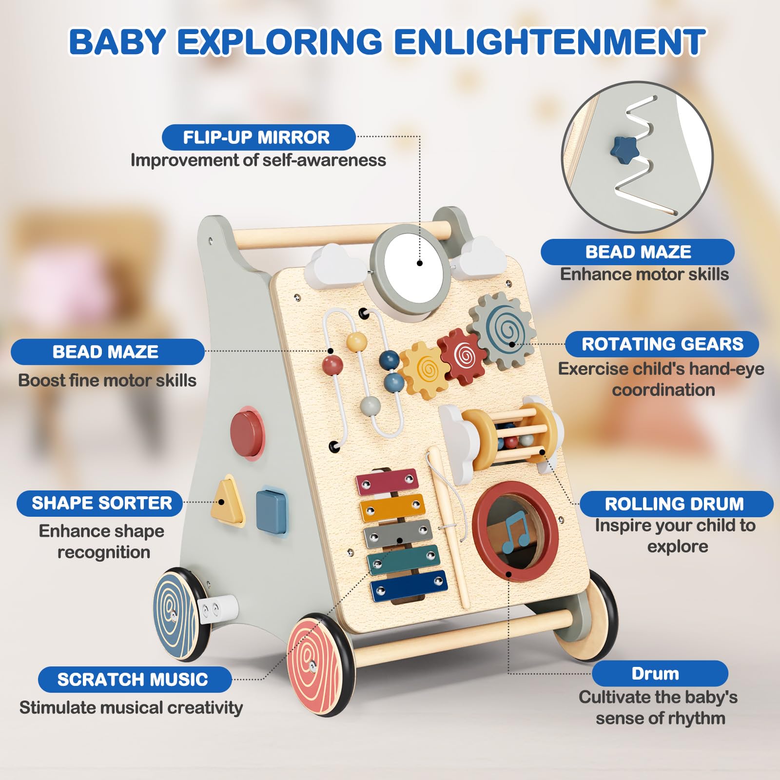 Drewniany chodzik dla dzieci 2 w 1 Montessori Chodzik dziecięcy z interaktywnymi zajęciami zabawki dla niemowląt 1+ rok Baby Walker na pierwsze kroki prezent dla dziecka chłopiec dziewczynka