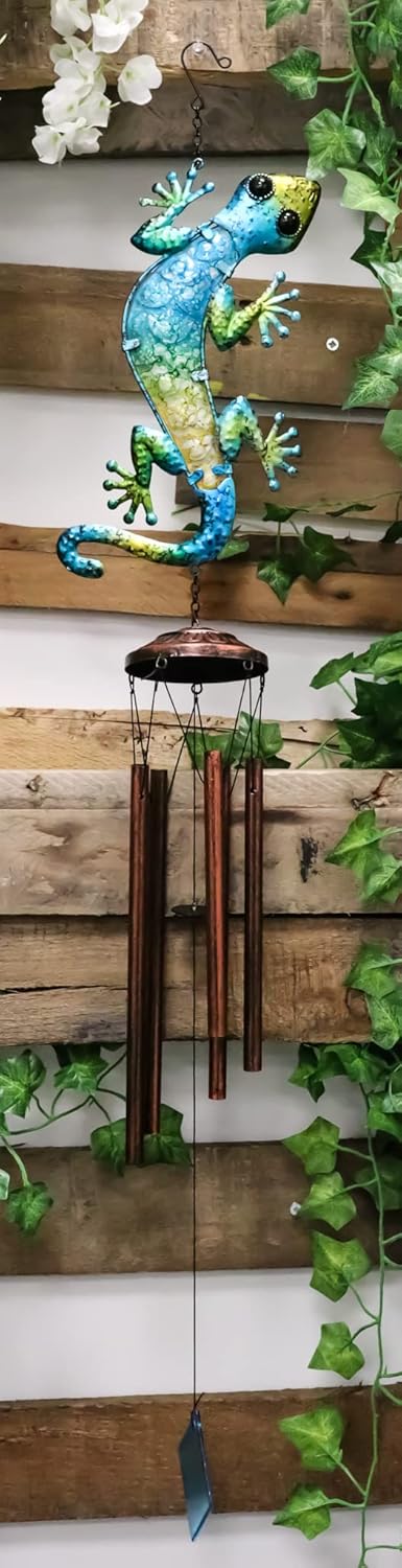Ebros Gift Green Yellow Blue Camouflage Gecko Lizard Whimsical Copper Metal Wind Chime 40" Long Resonant Noisemaker Outdoor Patio Garden Hanging Mobile Cottage Cozy Nook Decor Accessory