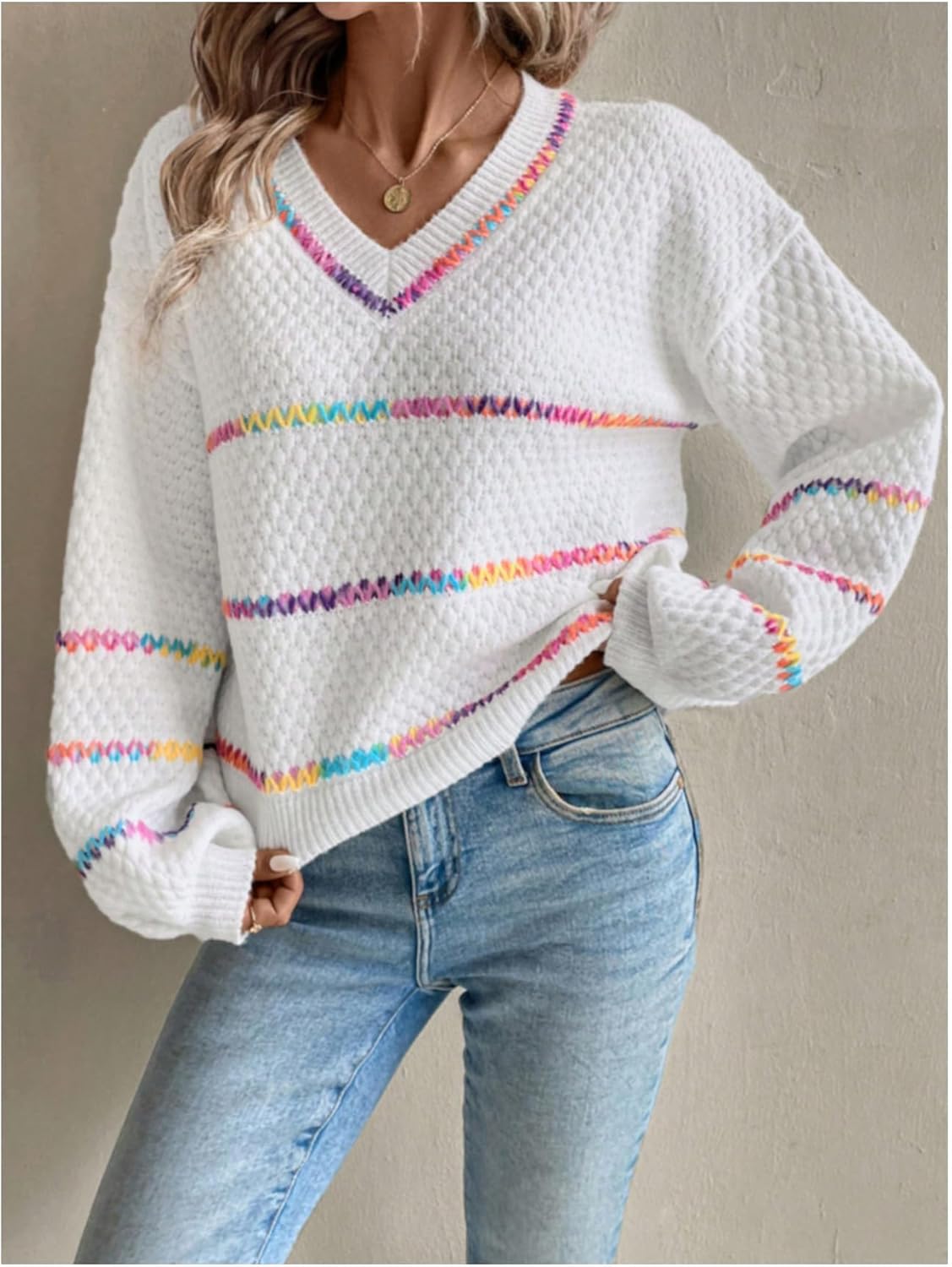 Verdusa Women's Striped Oversized Sweaters Cozy Pullover V Neck Knit Sweater Fall Winter Clothes - Image 4