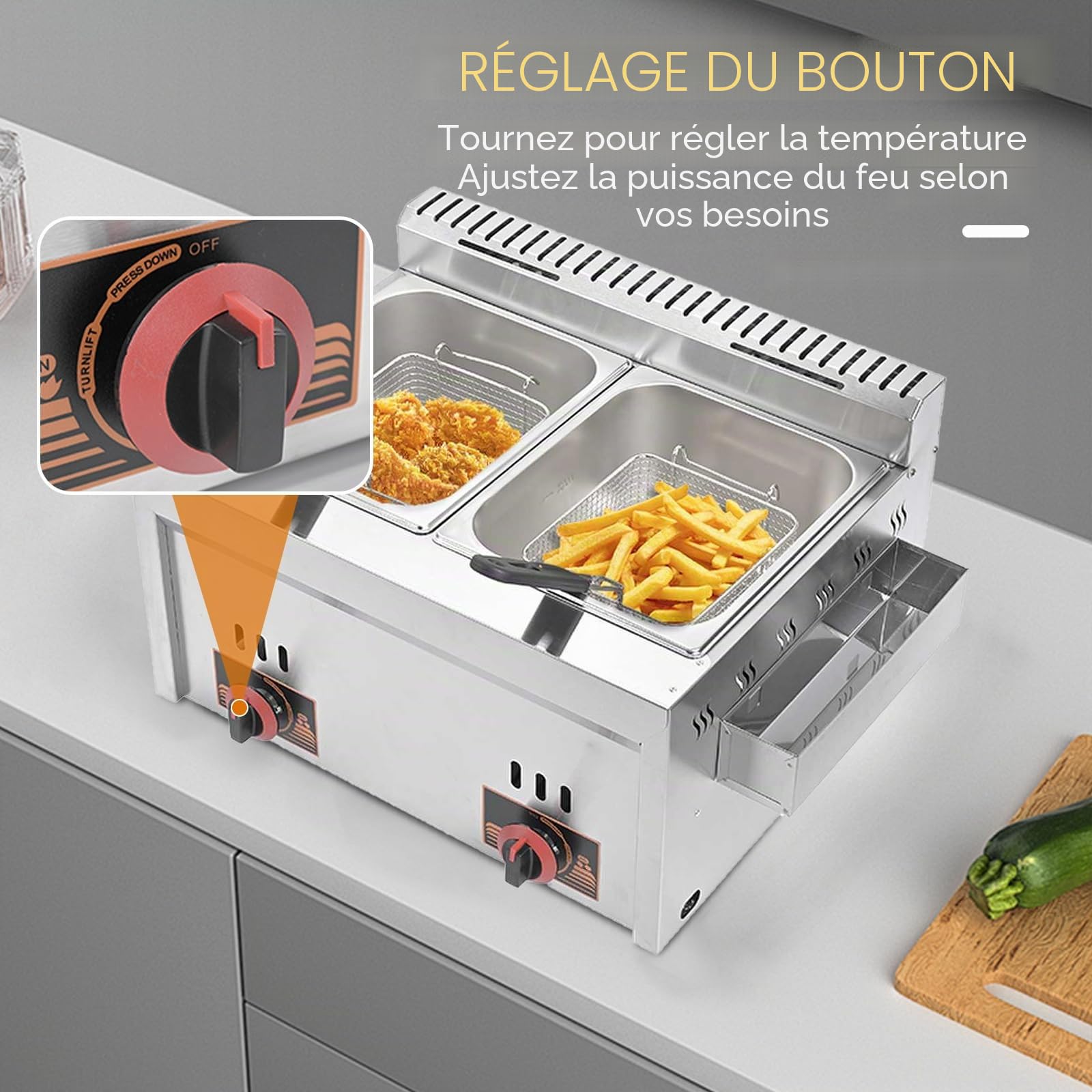 Friteuse à gaz professionnelle de 20 l double friteuse à gaz grande capacité multifonction en acier inoxydable facile à nettoyer pour usage domestique et commercial