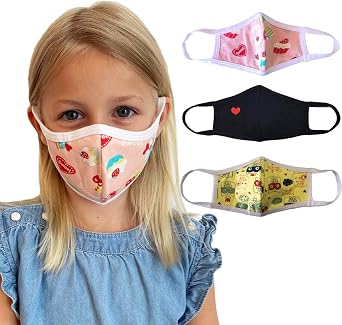 unik KIDS cloth Face Covering 3 Pack, 2 layers, Cotton, Designer, Washable, Reusable,Multi Pack-Girls KIDS Size Pink Cupcake/RedHeart/Cat Friend