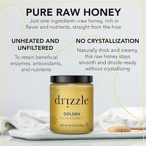 Miniatura 9 de Drizzle Golden Raw Honey - Sin filtrar y sin procesar, rica en nutrientes y enzimas beneficiosas, notas de diente de león, menta y caramelo, 100%