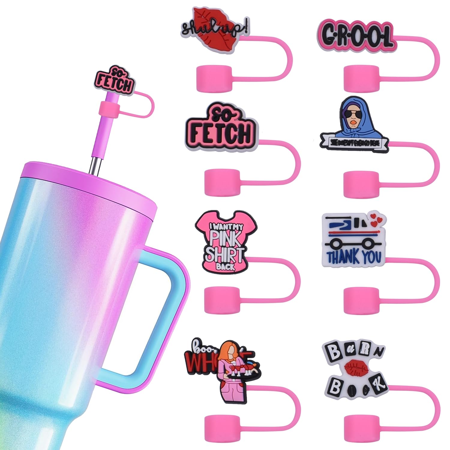 Mean Girl Straw Covers — 10mm Straw Cover Cap for Stanley Cup — 8 Pieces Straw Topper for Stanley Tumbler — Reusable Straw Tips Lids for Stanley 40 & 30 oz Cups (Mean Girl)