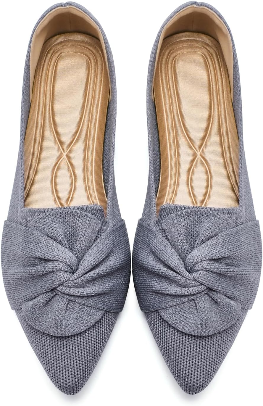 Flats for Womens Pointed Toe Ballet Flats with Bow Comfortable Knit Dressy Flats