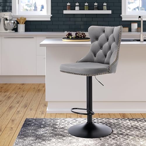 Miniatura 30 de Aoowow Juego de 2 taburetes de bar giratorios ajustables con respaldo de terciopelo copetudo, sillas de bar modernas tapizadas con cabeza de clavo