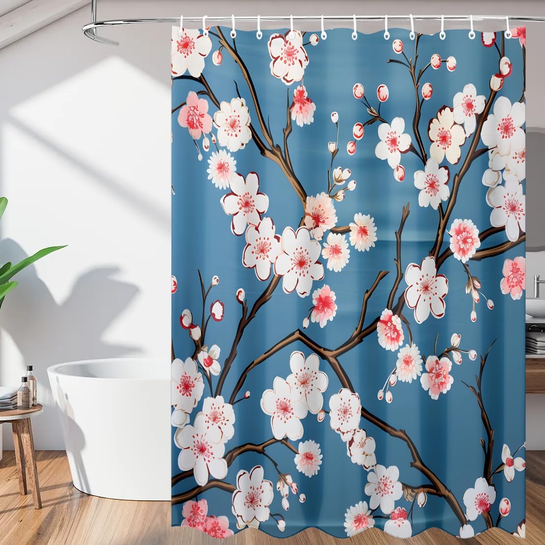 Pardick Shower Curtain Liners Fabric Bathroom Curtains Waterproof, Flower Cherry Blossoms Bathroom Shower Curtain with 12 Hooks Decorative Bath Curtain Heavy Duty Odorless (60x72 Inch)