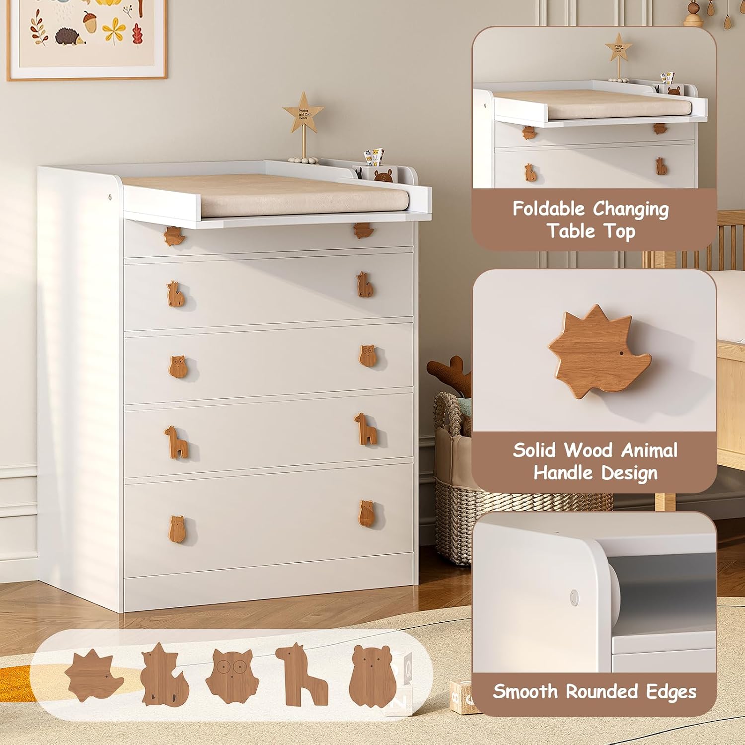 EXPERLAM Changing Table Dresser with Foldable Top, 5-Drawer Nursery Baby Dresser, Space-Saving Diaper Changing Station for Bedroom, White