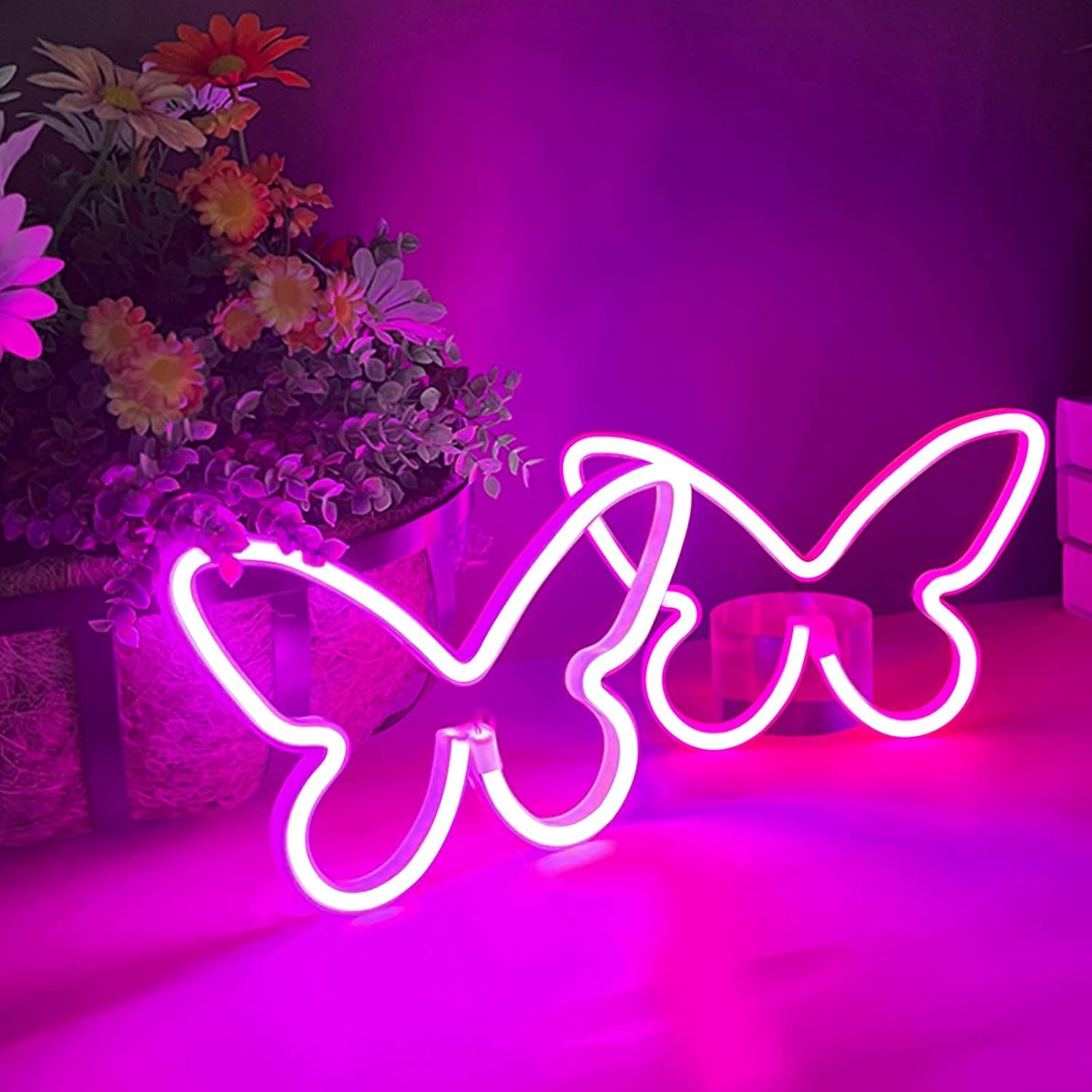 2 Pieces Butterfly Neon Sign, LED Light for Bedroom Wall Decor, USB/Battery Powered Night Light for Kids Room, Girls Home, Wedding, Birthday Party Art Decorations