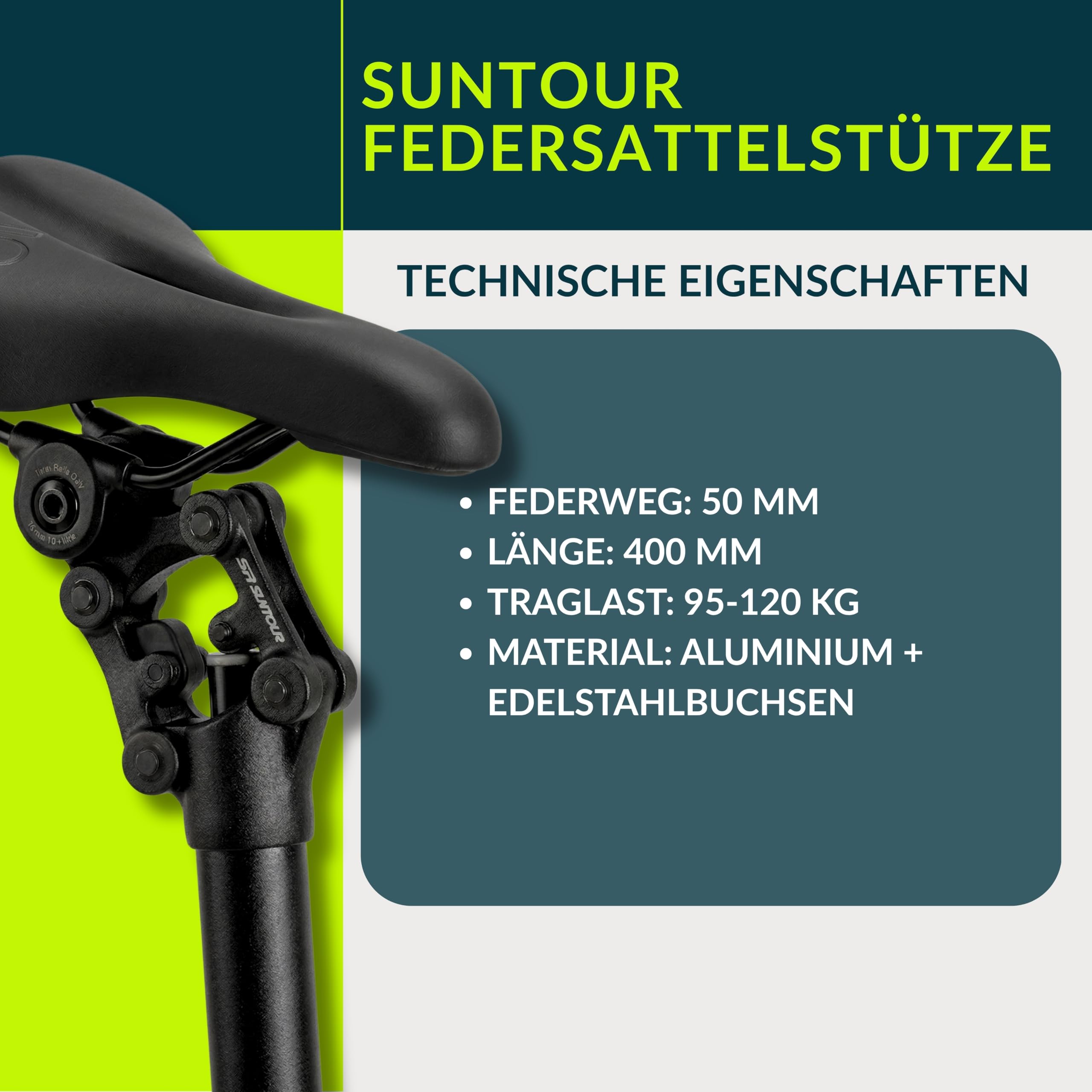 Suntour SP26-NVX - Tija de sillín de suspensión de aluminio con suspensión para sillín de bicicleta, color negro