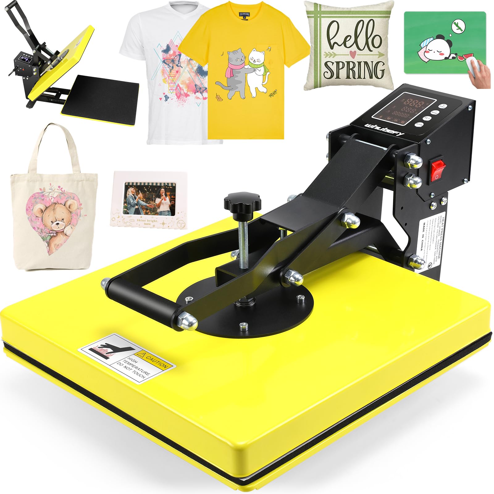 Prensa térmica Whubefy de 15 x 15 cm con tapa deslizable para camisetas, impresora digital industrial de sublimación para transferencia de calor, máquina de prensado de camisetas de vinilo para almohadas, bolsas y alfombrillas de ratón, color amarillo