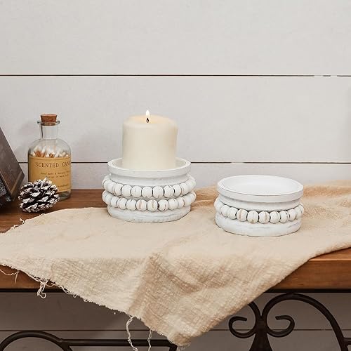 Miniatura 3 de NIKKY HOME Farmhouse Beaded Wooden Candle Holders Set of 2, Rusitc Solid Wood Pillar Candlesticks Pedestal, Fireplace Mantle Table Centerpiece