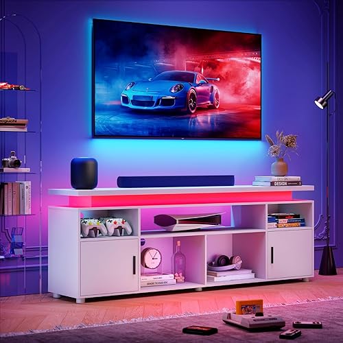 SUNCOZE Soporte de TV LED para televisores de 65/70/75/80 pulgadas, consola de TV moderna con toma de corriente y almacenamiento, mesa central de