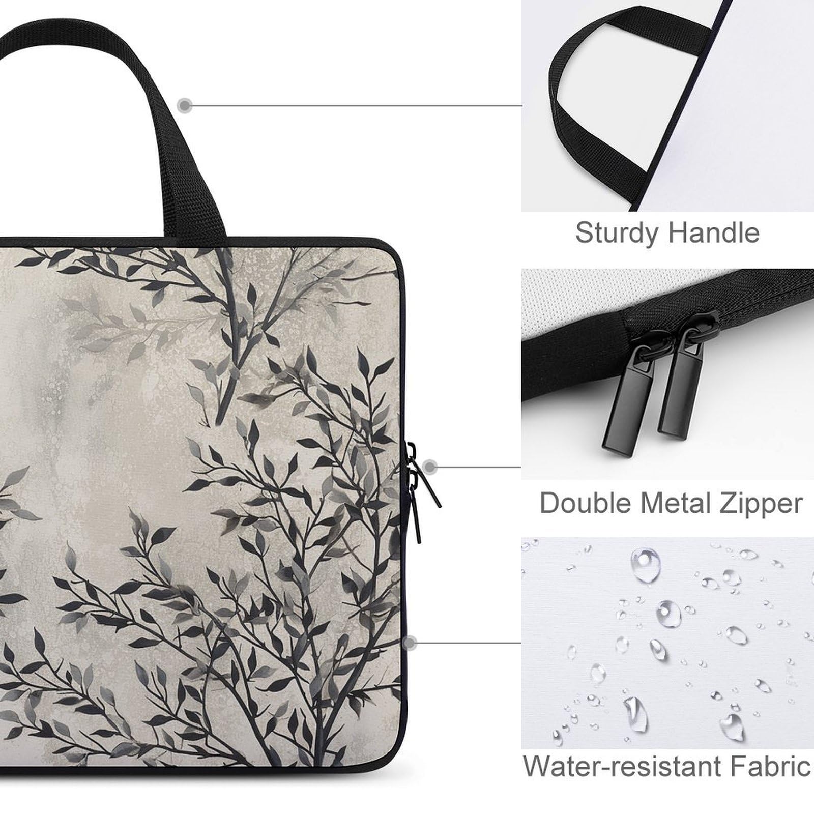Custodia protettiva per computer portatile da 17", ultra sottile, leggera e impermeabile, in neoprene resistente, con laccetto da polso, motivo foglie bianche e nere