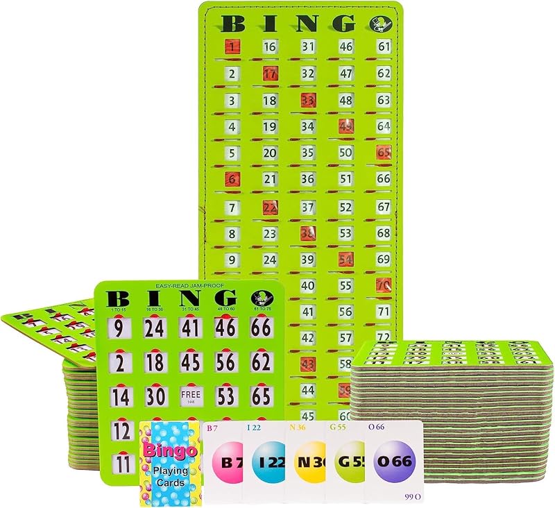 MR CHIPS Complete Bingo Game Set with Jam-Proof Shutter Cards – Easy Read Green Edition – 50 Reusable Large Print Bingo Cards with Sliding Windows, Master Board & Calling Cards – No Chips Needed