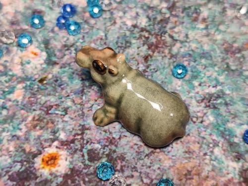 Miniatura 6 de WitnyStore Pequeña figura de hipopótamo recta gris de 1 pulgadas, hecha a mano, de cerámica, hipopótamo, mamífero acuático africano, animales de