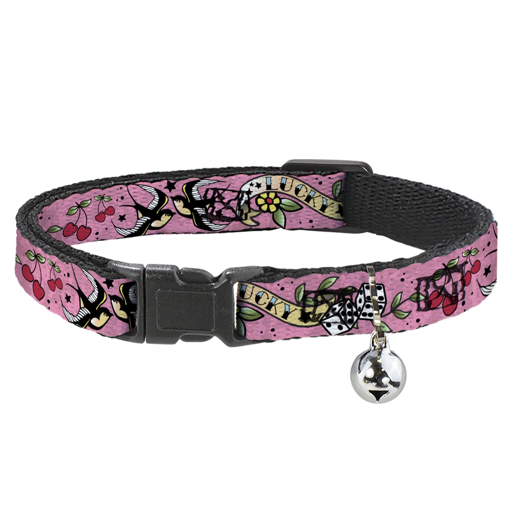 Collar de gato Breakaway Rosa de la suerte con cierre de seguridad y diseño de tréboles