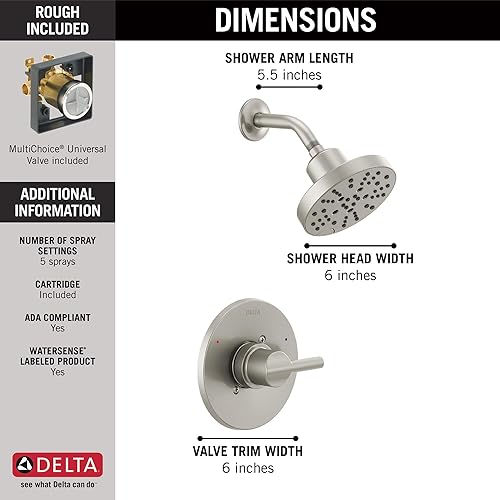 Miniatura 4 de Delta Faucet Nicoli Serie 14 - Grifo de ducha de un solo mango, kit de molduras de ducha con cabezal de ducha H2Okinetic de 5 pulverizaciones,