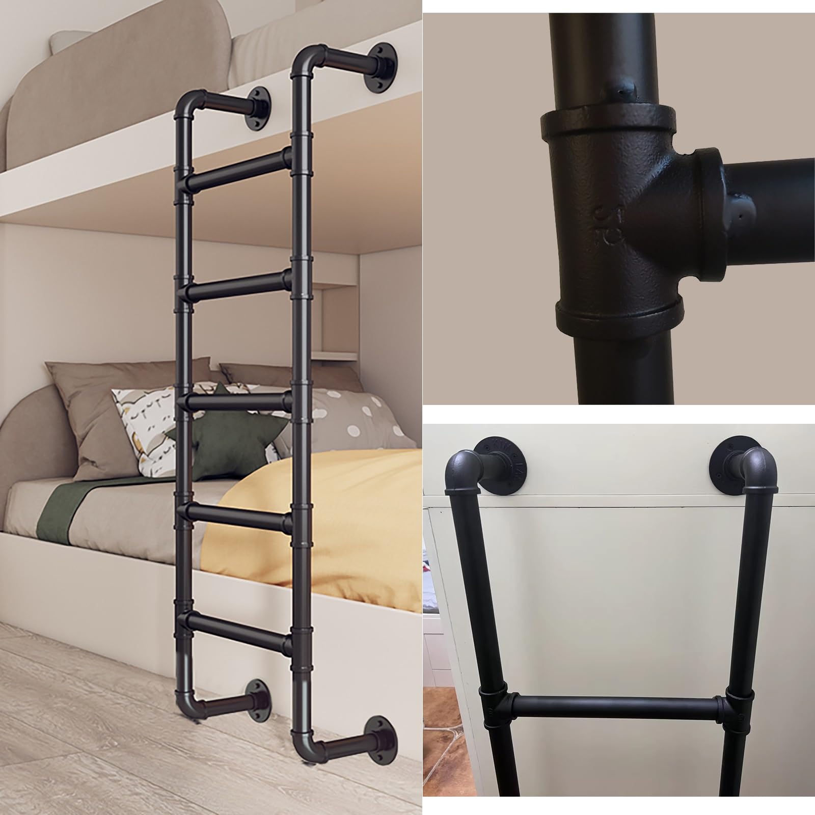 Escalera de Emergencia Industrial Negra, Escalera de ático para literas, Escalera de Pared de 4 peldaños, Escalera de Subida para Uso Interior y Exterior, Capacidad de Carga 150 kg (150 cm/5
