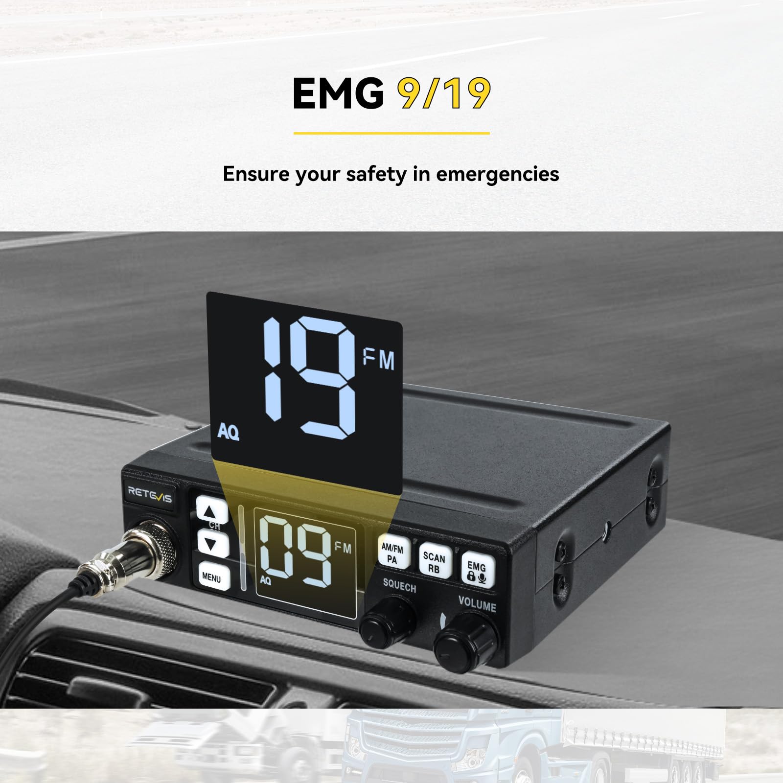 Retevis MB62 CB Radio AM/FM, VOX, ASQ/SQ, Canal d'urgence 9/19, Verrouillage à clé, CB Portable pour Camionneur, Camionnette, - Auto