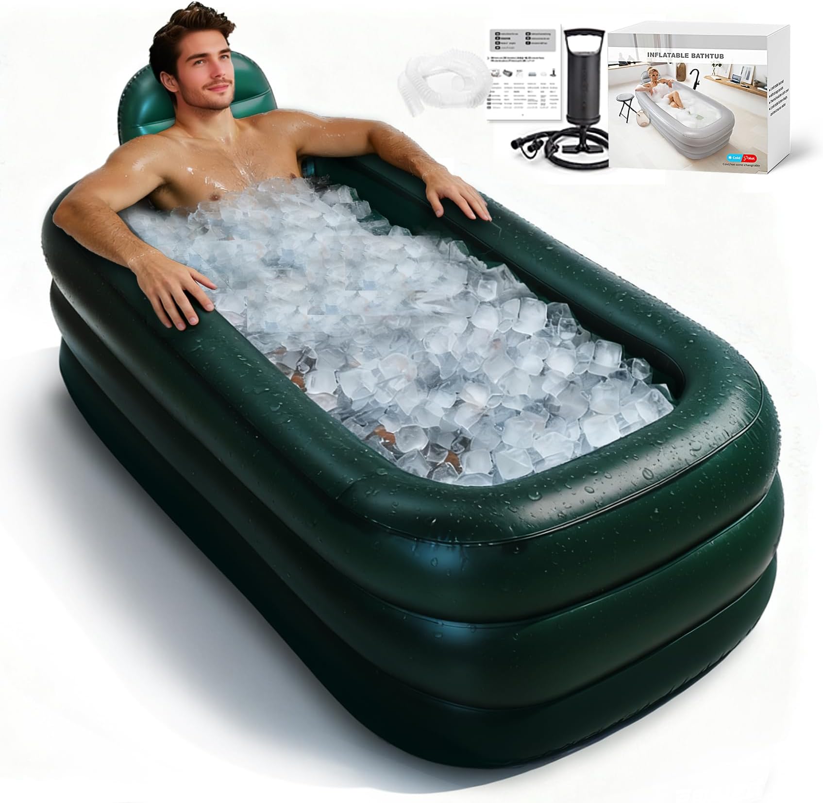 Portable Bathtub for adults,Inflatable bath tub for ice bath,Large Oval Ice Bath with pillow, 62.2x37.4x17.72in,Includes Pump, EasyInflate & Drain,Green