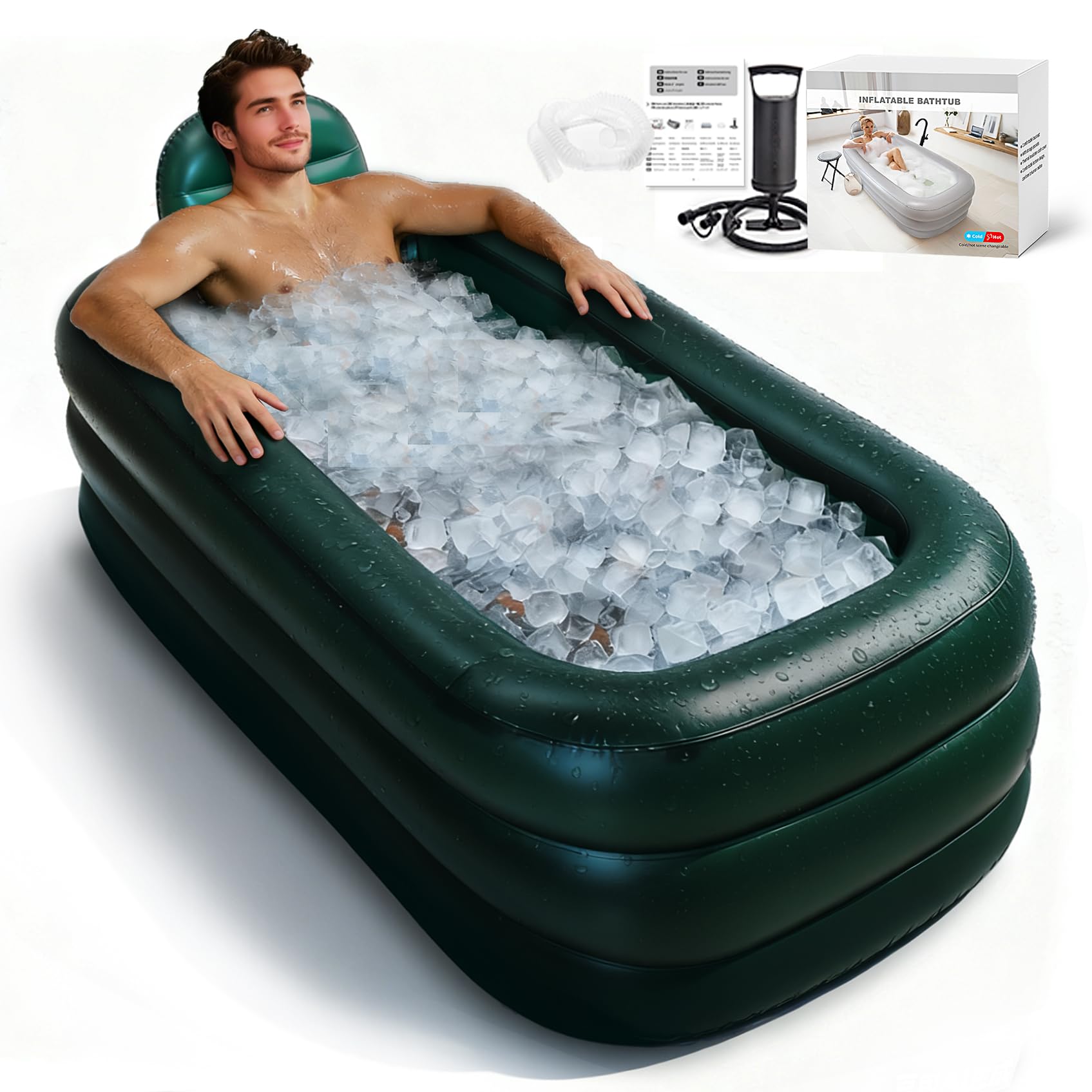 Portable Bathtub for adults with Cover,Inflatable bath tub for ice bath,Large Oval Ice Bath with pillow, 62.2x37.4x17.72in,Includes Pump, EasyInflate & Drain,Green