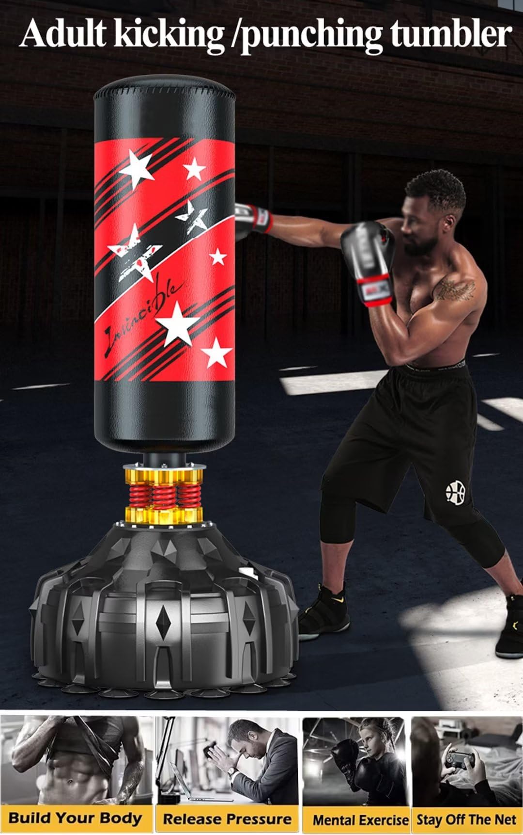 Schwerer Boxsack mit Ständer für Erwachsene Jugendliche, 61 cm großer Saugnapfboden, 70 Zoll freistehender Boxsack auf Sockel, Stoßdämpfer, stehende Kickboxsäcke für das Boxtraining im Heim-Fitne
