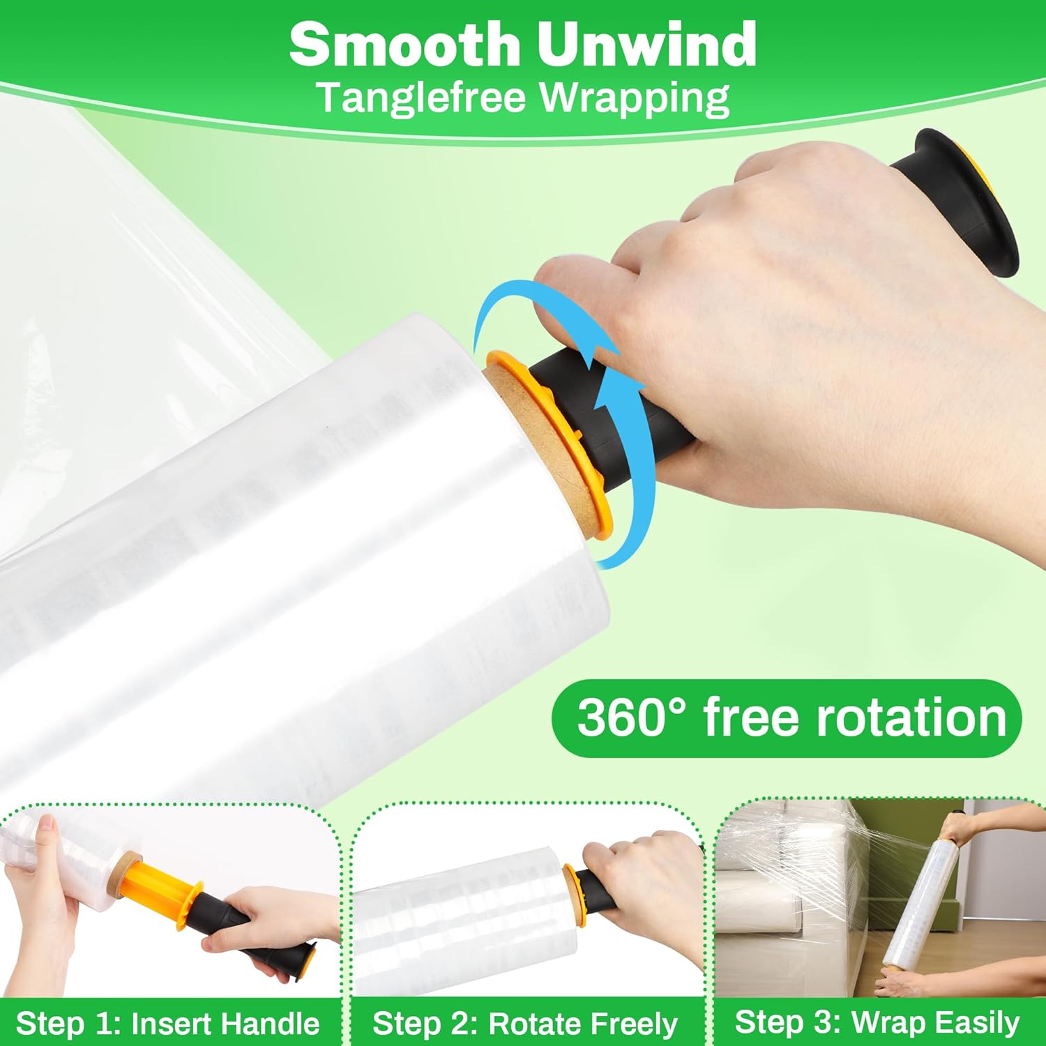 2 Pack Plastic Wrap for Moving with Handles, 15 Inch x 1000ft Stretch Film Roll, Industrial Strength Shrink Wrap for Furniture, Pallet, Packing, Shipping & Storage Protection