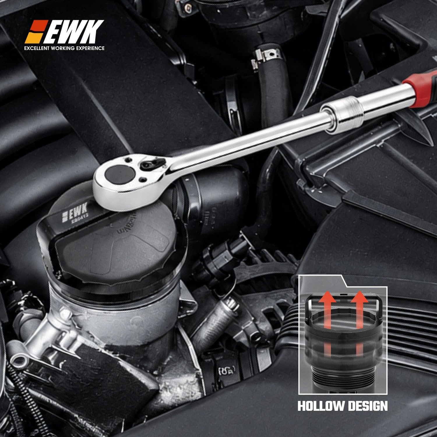 EWK 86.6mm 16 Flute Oil Filter Wrench for BMW and Volvo, Forged 6061 Aluminum Oil Filter Cap Socket Tool, Fits Cartridge Style Housings, Use with 3/8 Inch Ratchet or 27mm Socket