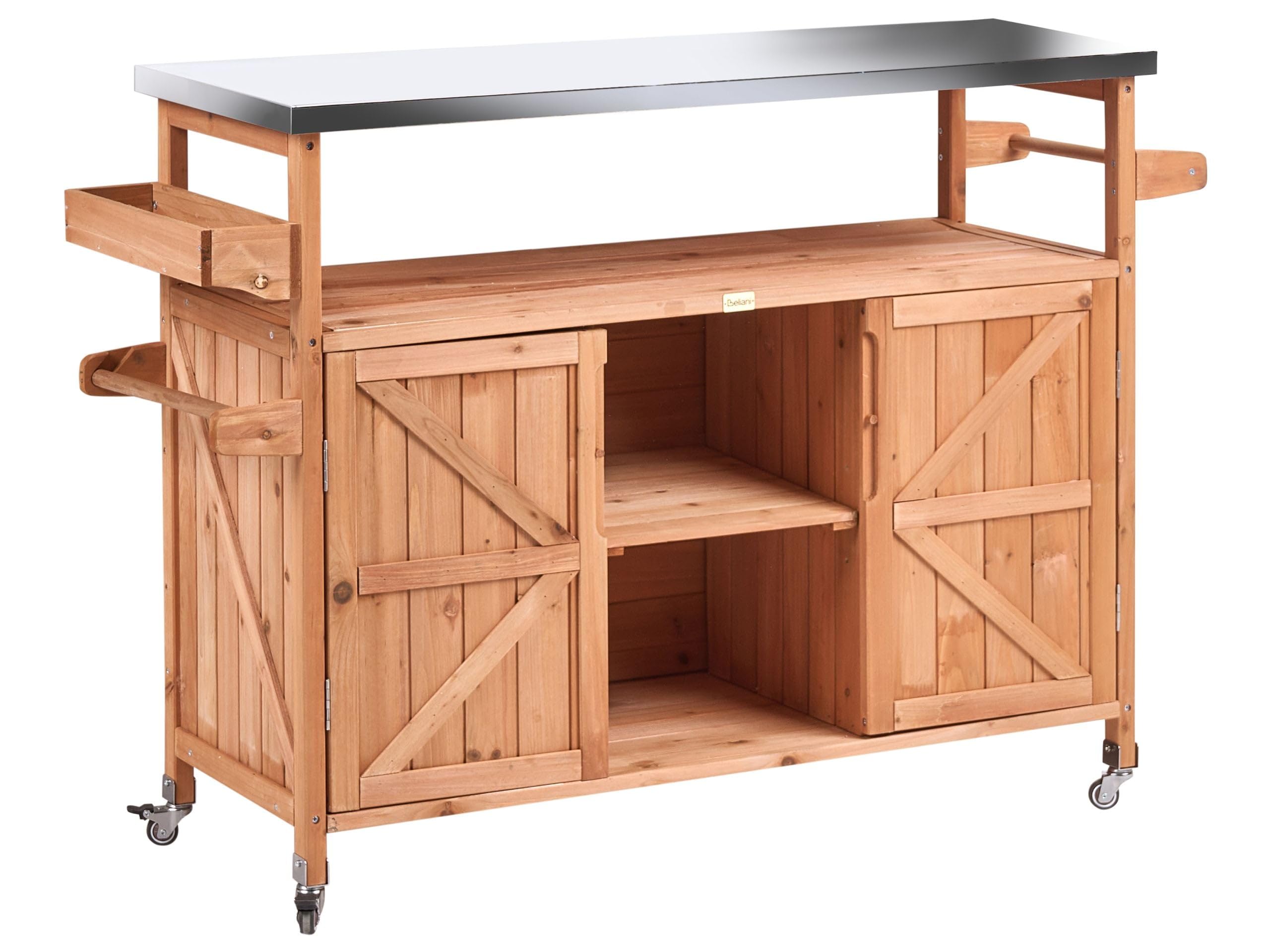 Beliani Outdoor Kücheninsel Tannenholz Edelstahl Hellbraun Rollen 128x47x85 cm Scanno