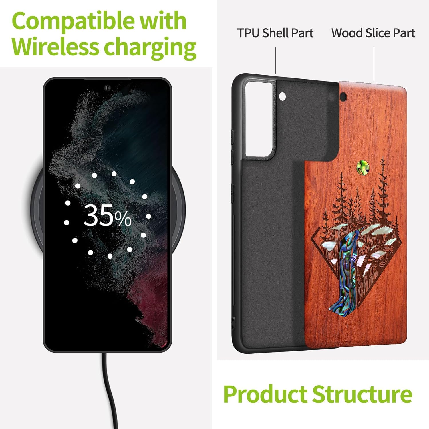 Carveit Designer Wooden Cover for Samsung Galaxy S22 Plus Case [Wood Engraving & Shell Inlay] Compatible with Wireless Chargers Galaxy S22 Plus (Waterfall-Rosy)