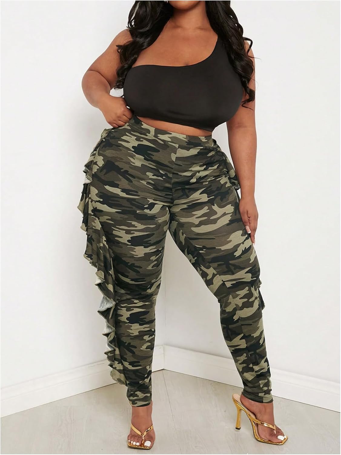 WDIRARA Women's Plus Size Ruffle Camo Print Pants Elastic High Waisted Leggings Skinny Pants - Image 6