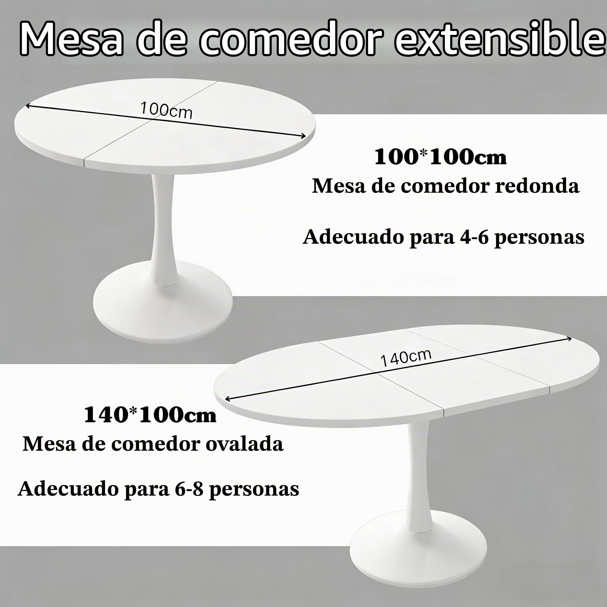 Mesa de comedor extensible, moderna, simple, ovalada, de madera, mesa de comedor redonda, 1 placa adicional, longitud 100/140 x ancho 100 x altura 75 cm (blanco)