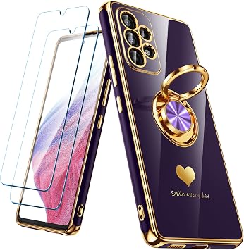 for Samsung Galaxy A53 5G Case with 2 Pack Screen Protector, 360 Rotatable Ring Holder [Luxury Hearts Pattern] Plating Gold Edge Slim Soft Phone Cover Case for Galaxy A53 - Purple