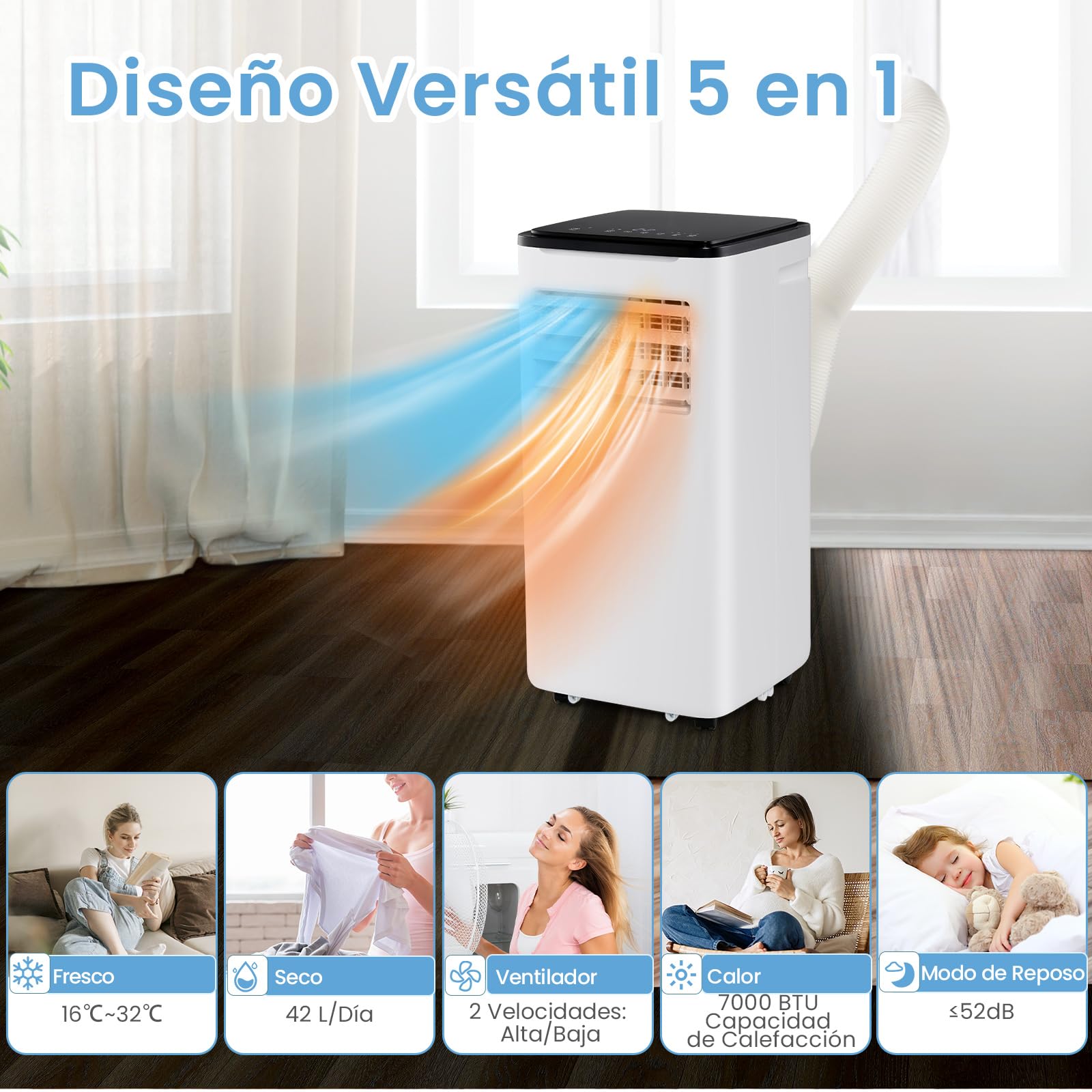 COSTWAY 9000 BTU Aire Acondicionado Portatil Silencioso, 5 en 1 Aire acondicionado móvil, Ventilador y Deshumidificador, Modo Nocturno, 24H Temporizador, Control Remoto/Pantalla/Wifi, 20 m² — view 6