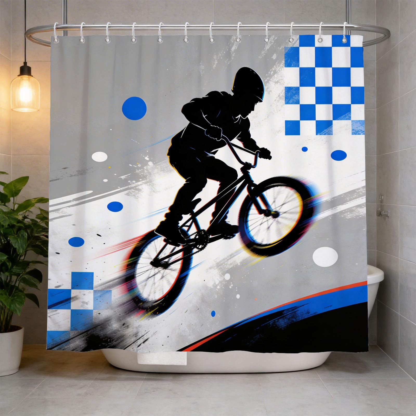 Hongduo 3D Bike Rider Shower Curtain for Stalls Bathtubs Cartoon Bathroom Decor Shower Curtain Set Polyester Fabric Waterproof 200x200cm/79X79 Inch with Hooks
