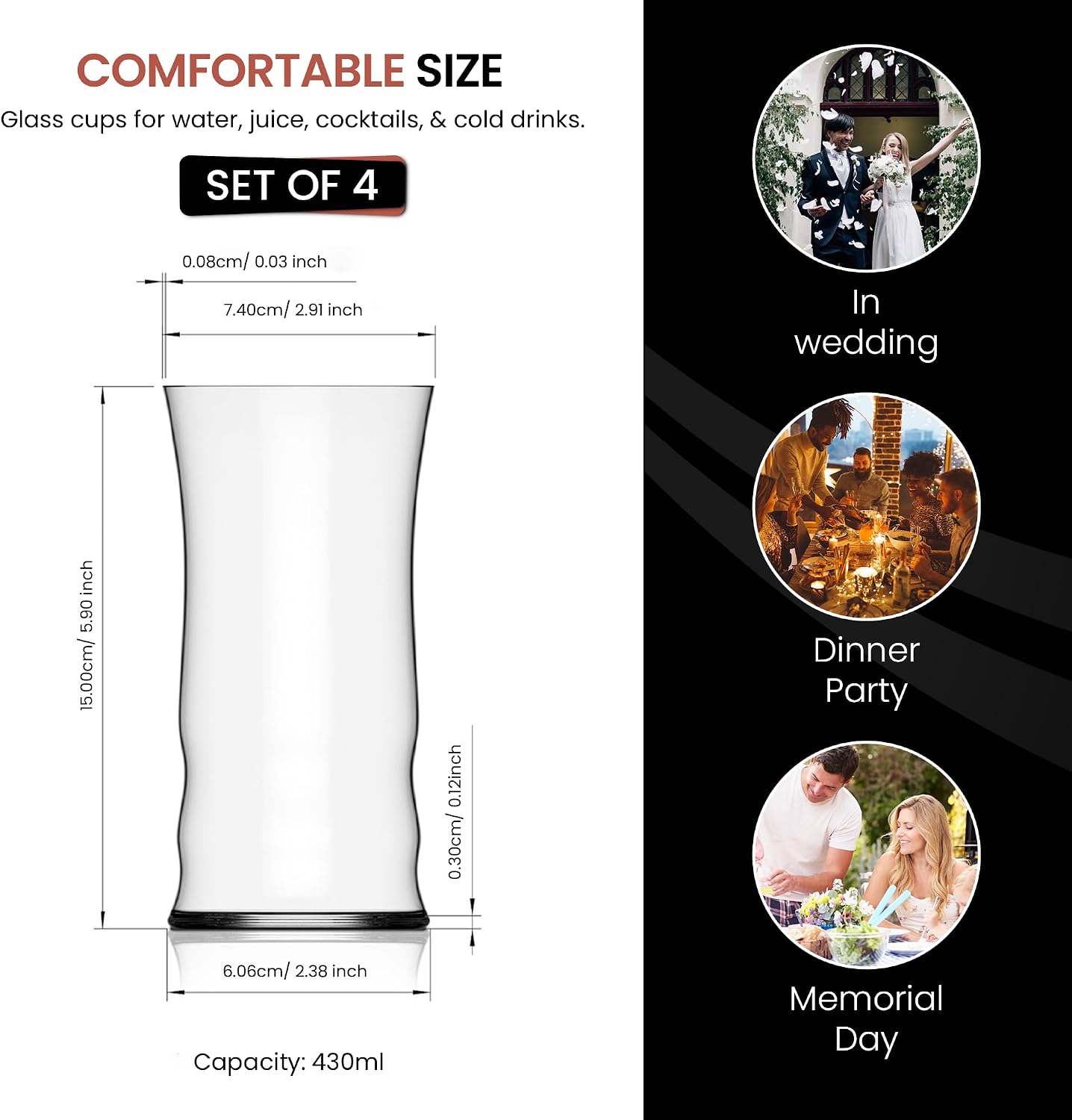 Figueroa Collection 14 oz Tall Drinking Glasses, Large Clear Beverage Glass Cups for Water Juice Soda Iced Tea Cocktails, Modern Highball Glassware for Kitchen Dining Bar Everyday Drinkware - Set of 4