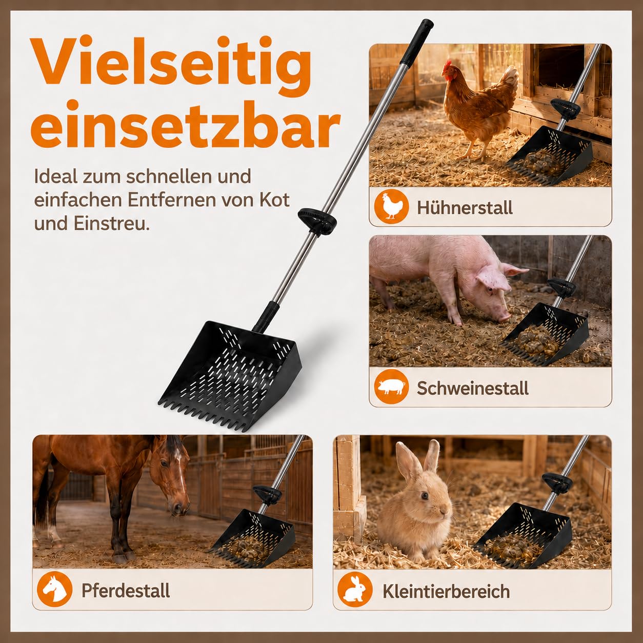 Pala para excrementos de pollo con mango, 25 cm de ancho, pala colador de acero inoxidable, pala telescópica de 160 cm, gallinero, accesorios para caballos, cerdos y animales pequeños, pala colador de