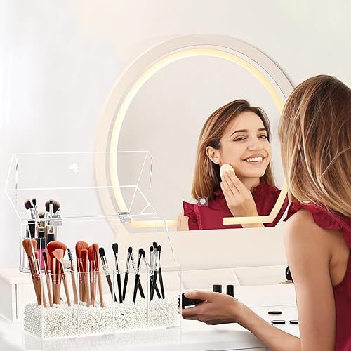 Miniatura 3 de Organizador de maquillaje acrílico, caja de almacenamiento transparente para brochas de cosméticos con 4 soportes para cepillos, soporte para