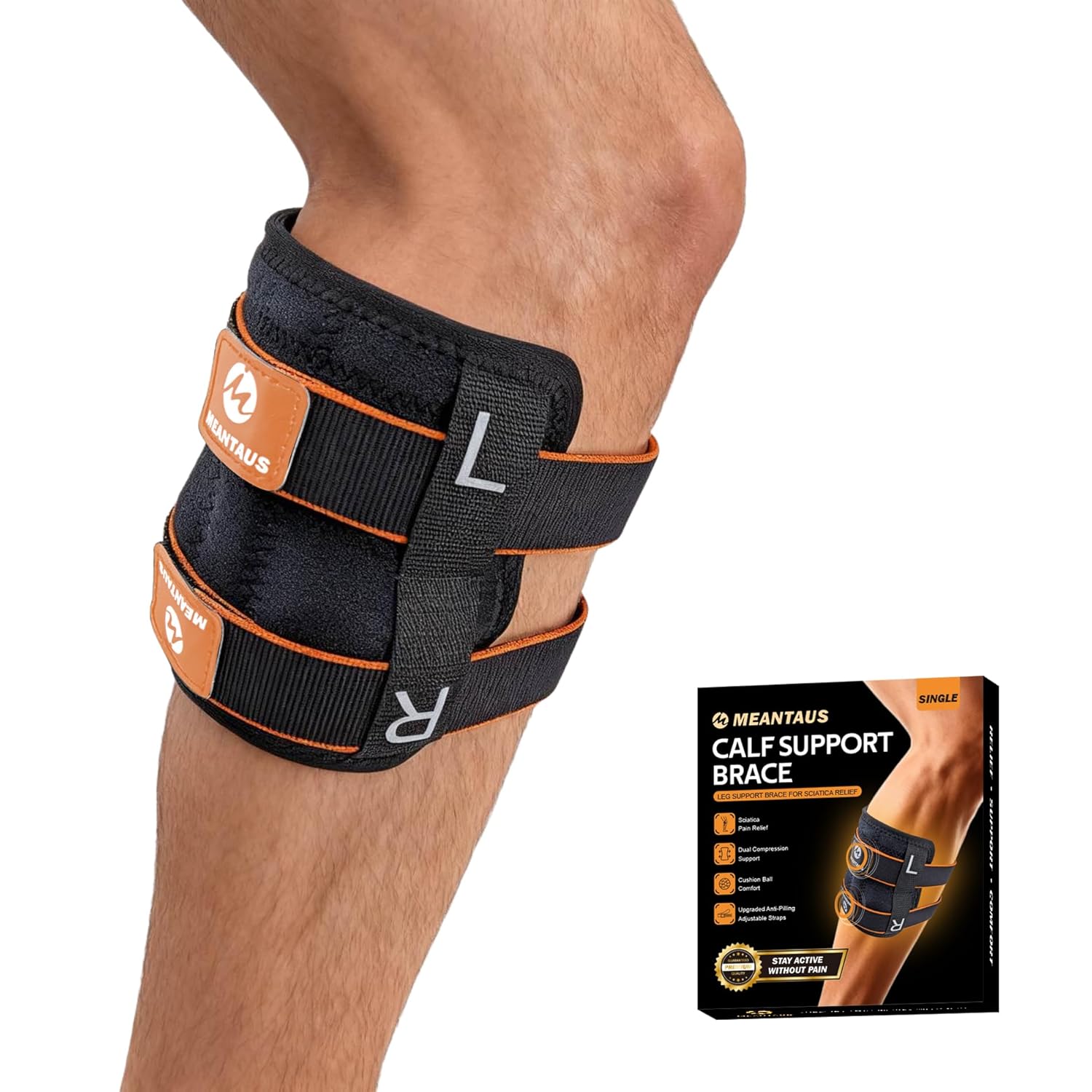 Sciatica Pain Relief Devices Brace, Upgraded Adjustable Calf Support with Dual Pads & Massage Ball for Sciatic Nerve, Lower Back & Hip Pain Relief (Orange)