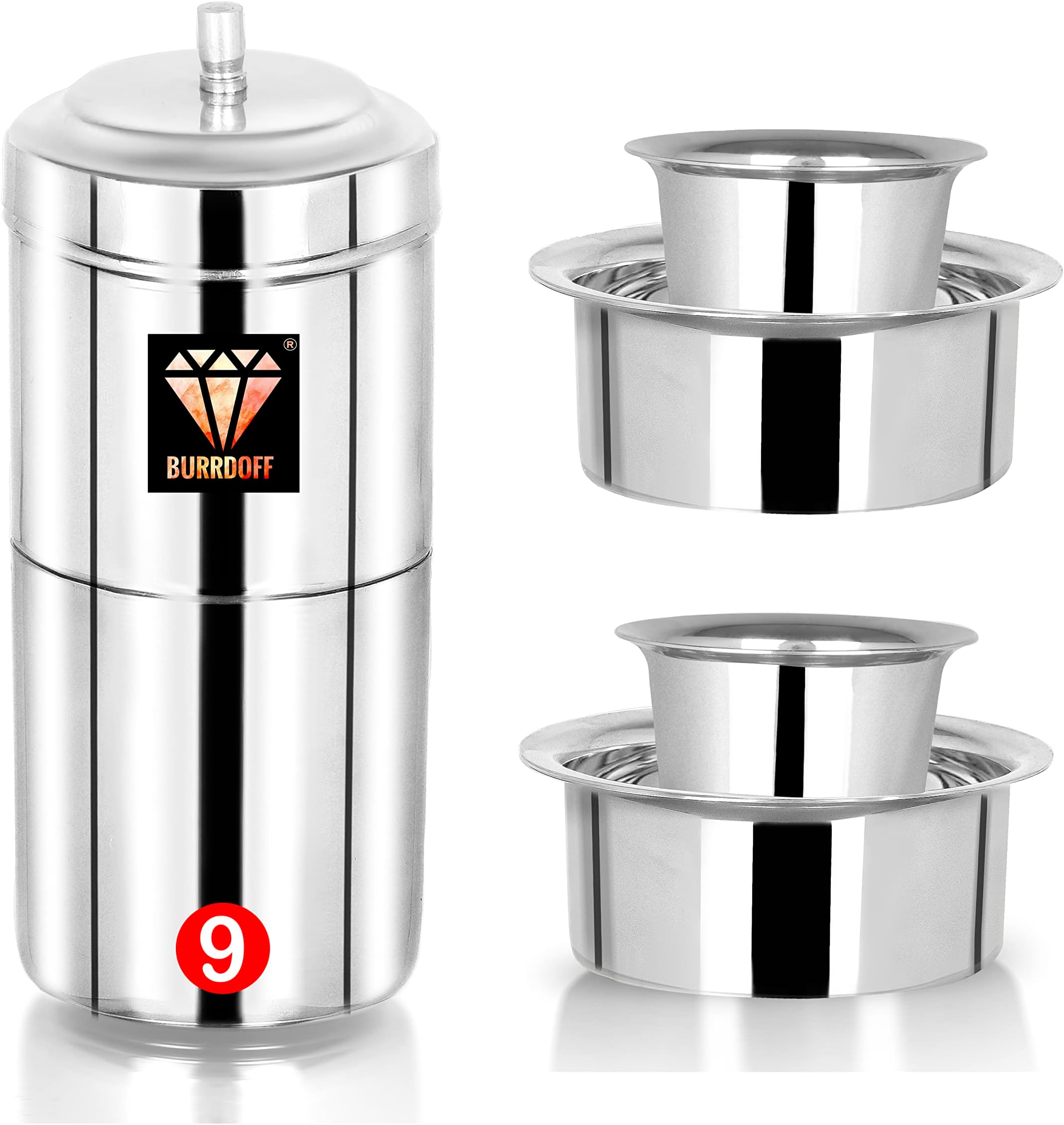BURRDOFF Coffee Filter Stainless Steel 304 Grade (450ml + 2 Dabara & 2 Glass) Filter Coffee Maker Steel Indian Coffee Filter for Home Coffee Filter South Indian with 2 Dabara & 2 Glass