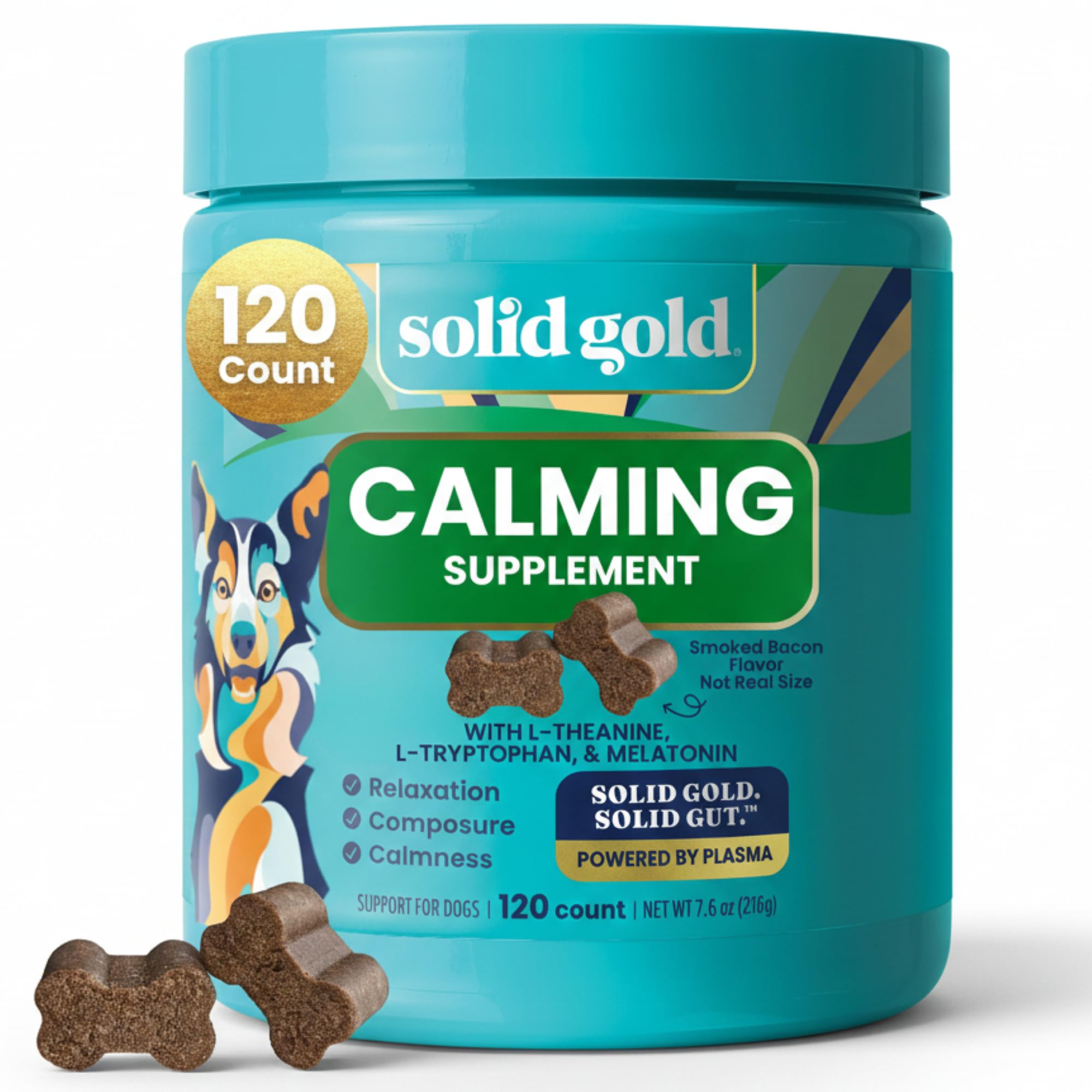 Solid Gold Calming Chews for Dogs - Dog Calming Chews w/Melatonin for Separation, Stress & Hyperactivity Relief - Supports Relaxation for Travel, Fireworks & Storms - All Ages & Sizes - Bacon 120ct