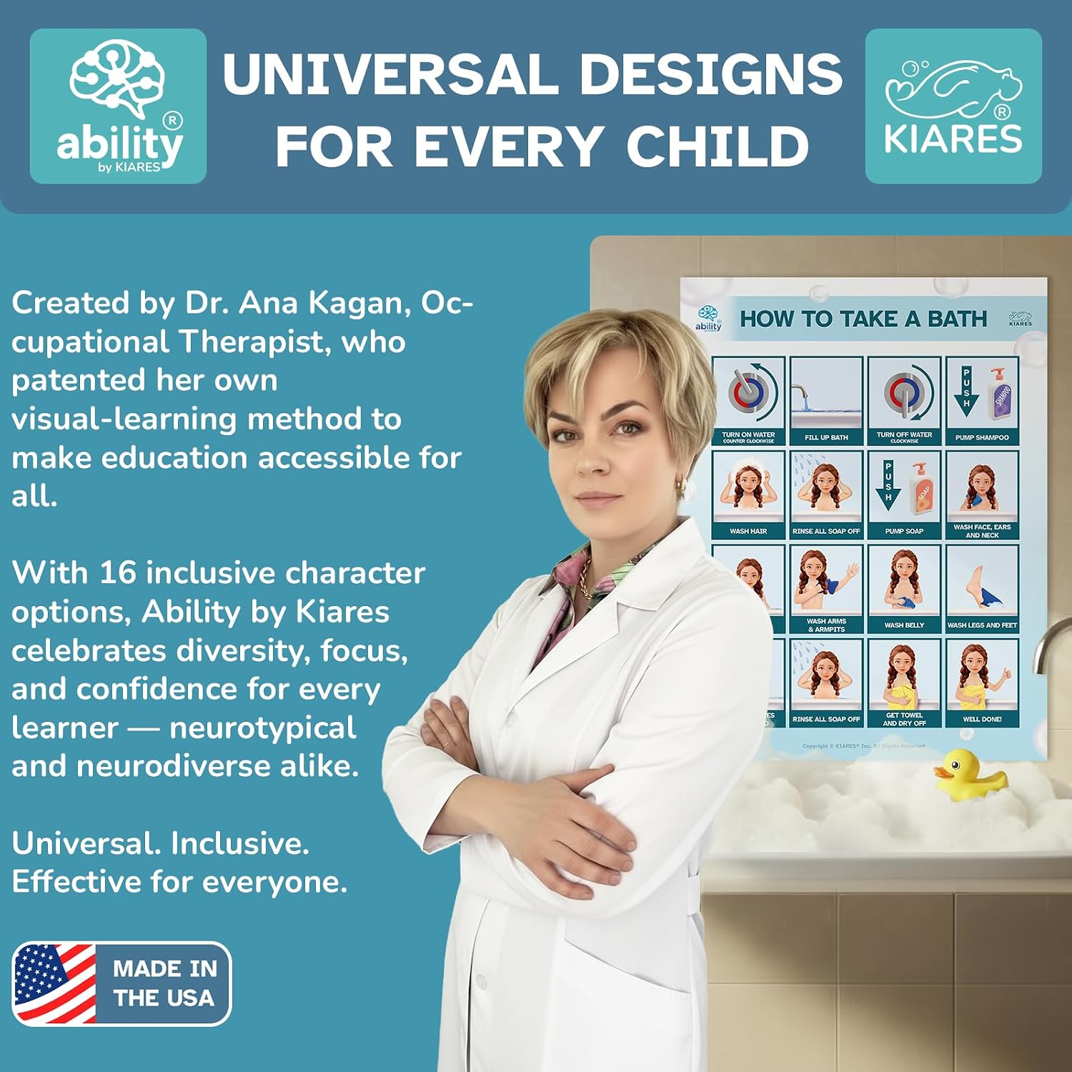 KIARES Shower Chart for Kids- Sticker Poster Steam-Safe, Step-by-Step Visual Schedule in 16 ethnicities (Caucasian Girl - Brown)