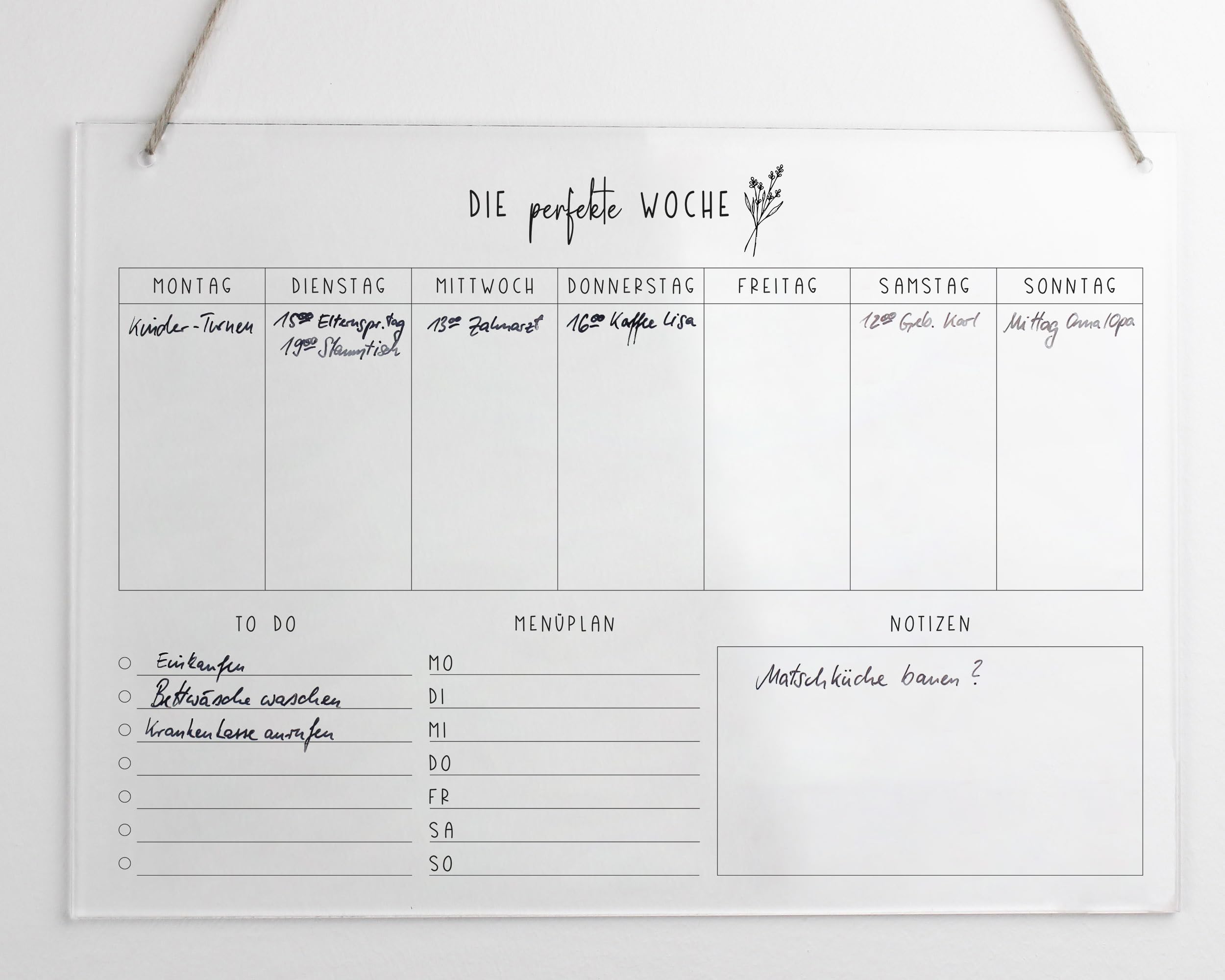 Wochenplaner A3 Acryl | Wandplaner für die Woche abwischbar | Wandkalender | To Do Liste | Menüplaner | Acrylglas