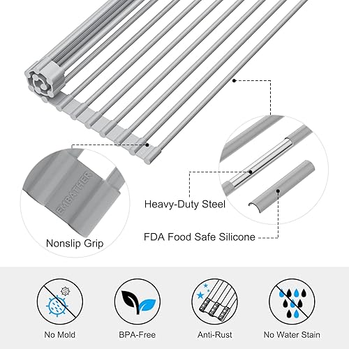 Miniatura 4 de EMBATHER Escurridor de platos enrollable sobre el fregadero, escurridor de platos de 17.5 x 11.2 pulgadas para encimera de cocina, escurridor de