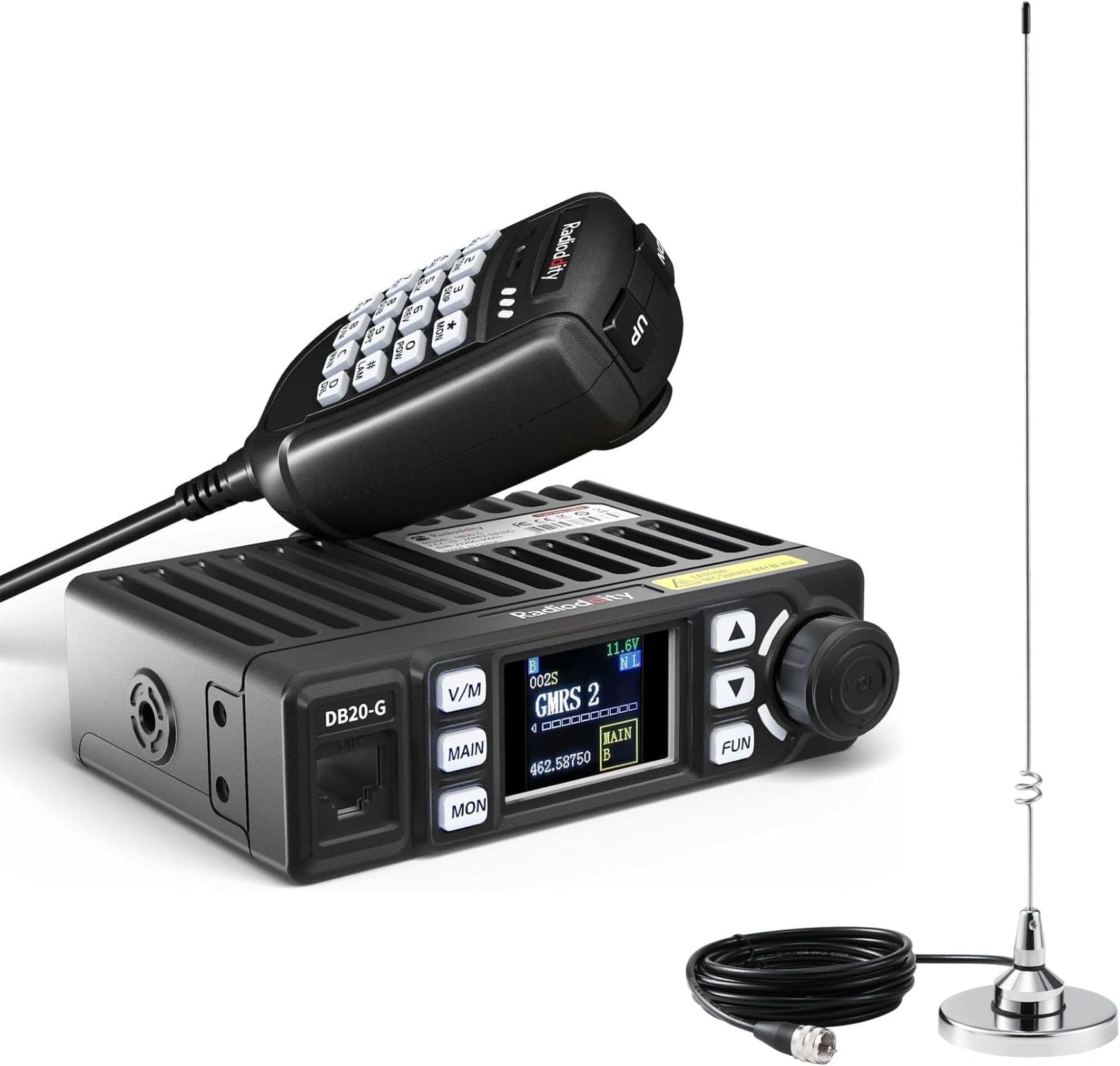 DB20-G GMRS Mobile Radio for Car Vehicle, 20W Long Range Two Way Radio with Cigarette Lighter Plug, 500 Channels, VOX, Display Sync, with RA-UV712 Magnetic Mount Antenna Kit