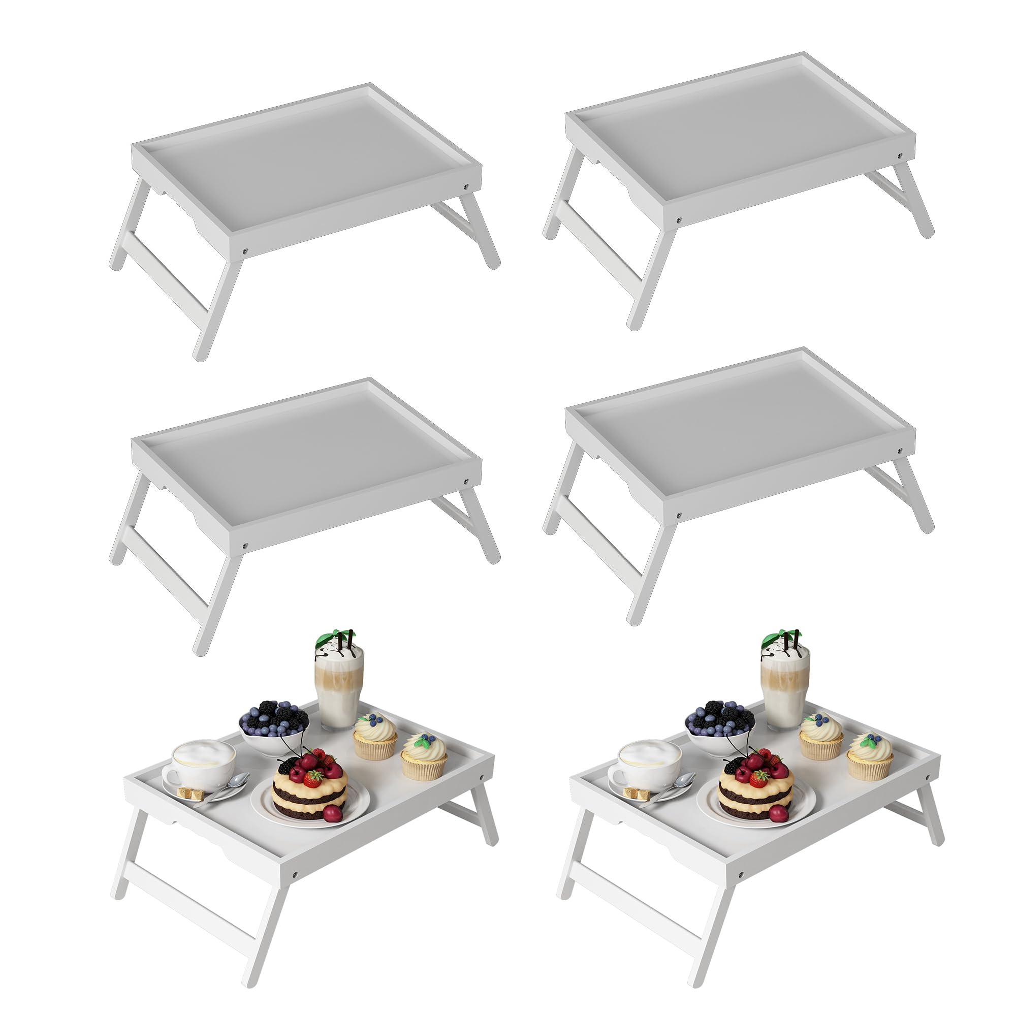 Bed Tray Table with Folding Legs, Bamboo Breakfast in Bed for Kitchen Serving Tray, Sofa, Eating, Used As Laptop Desk Snack Tray (6 Pack, White Color)