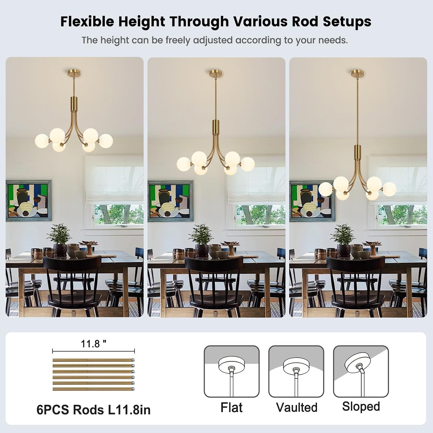 Gold Chandeliers Mid Century Modern Sputnik Chandelier 6-Light White Globe Glass Shade Dining Room Light Fixture Brass Chandelier High Ceiling for Kitchen Island Entryway Foyer Living Room